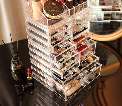 Cq acrylic Makeup Organizer Skin Care Large Clear Cosmetic Display Cases Stackable Storage Box With 11 Drawers For Vanity,Set of 4