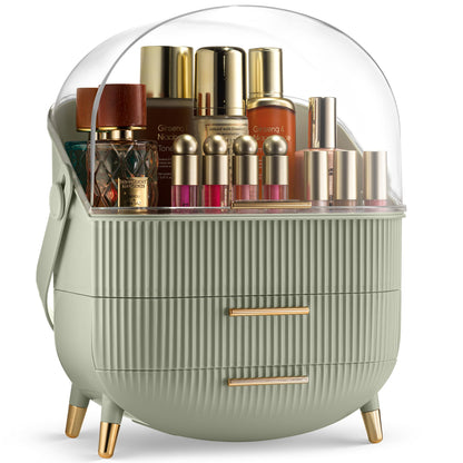 Covered Makeup Cosmetic Countertop - Large Cosmetic Organizer - Trendy Oval Shape Storage for Skin Care Organizer - Clear Lid, Storage Drawers, Carry Handle - Cute Stylish Decor Solution (White)