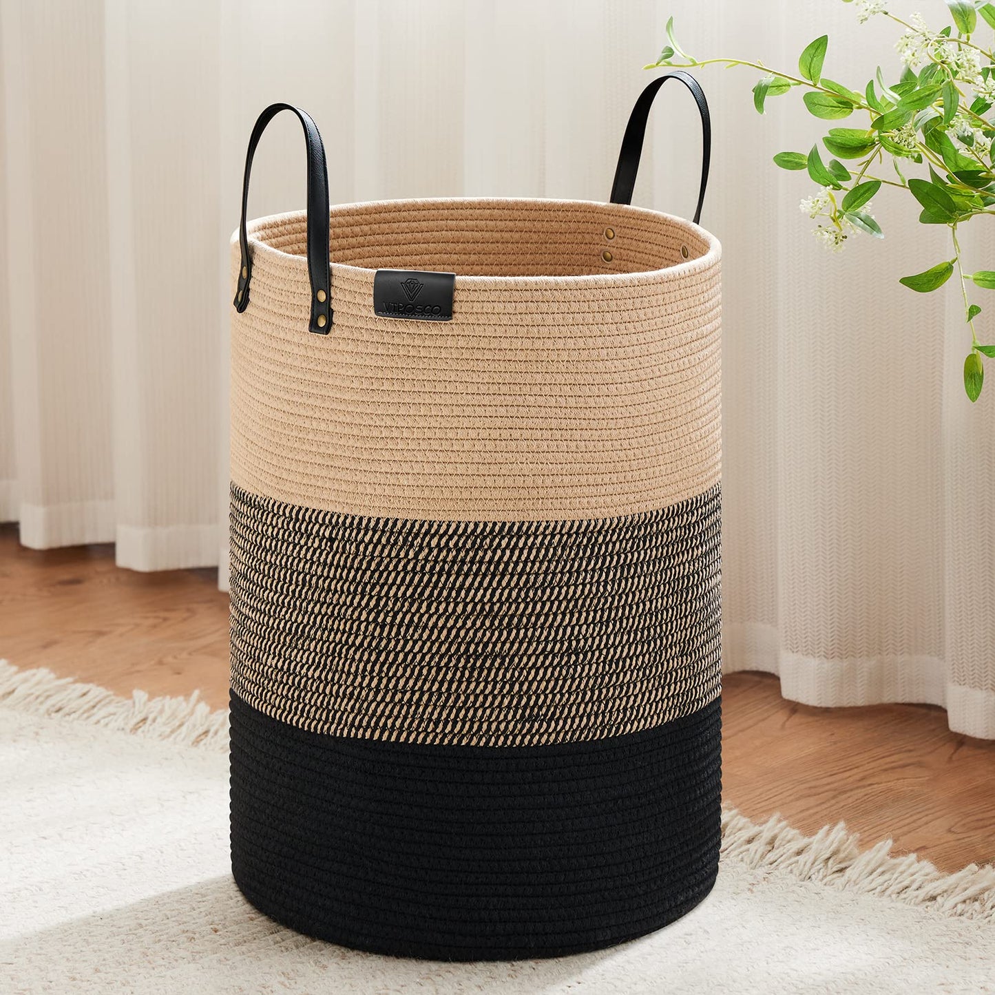 VIPOSCO 100L Tall Woven Rope Laundry Hamper, Leather Handles, White & Brown