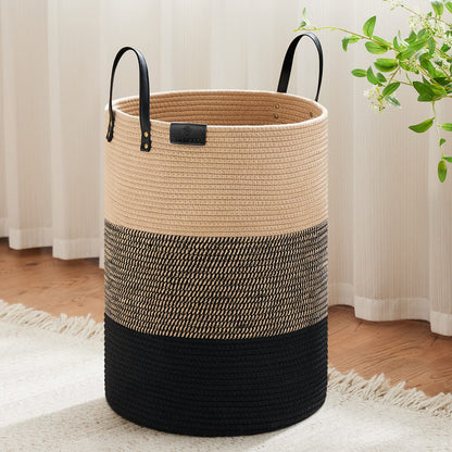 VIPOSCO 100L Tall Woven Rope Laundry Hamper, Leather Handles, White & Brown