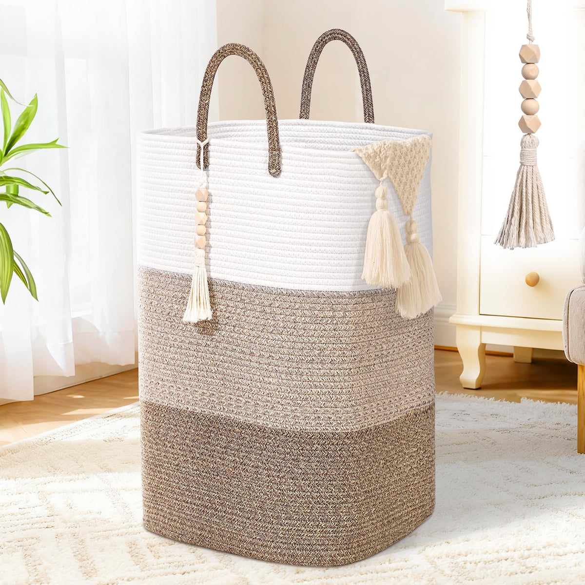 65L Woven Laundry Basket for Clothes, Large Rectangle Laundry Hampers with Beads Tassel, Nursery Storage Basket for Toys, Tall Dirty Clothes Hamper for Bedroom Aesthetic, Laundry Room Organization