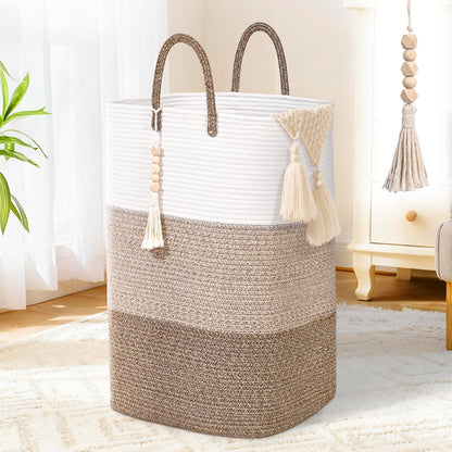 65L Woven Laundry Basket for Clothes, Large Rectangle Laundry Hampers with Beads Tassel, Nursery Storage Basket for Toys, Tall Dirty Clothes Hamper for Bedroom Aesthetic, Laundry Room Organization