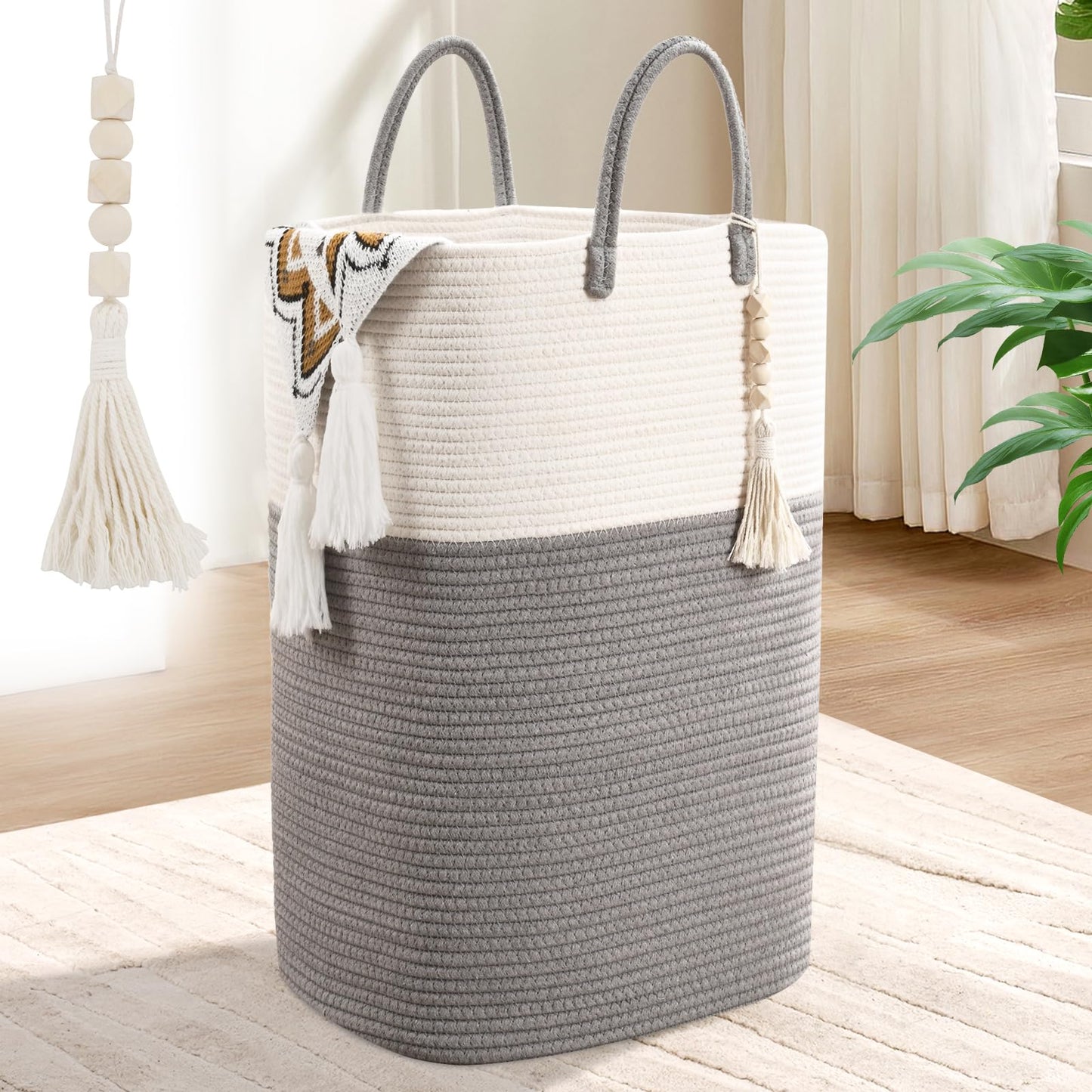 65L Woven Laundry Basket for Clothes, Large Rectangle Laundry Hampers with Beads Tassel, Nursery Storage Basket for Toys, Tall Dirty Clothes Hamper for Bedroom Aesthetic, Laundry Room Organization