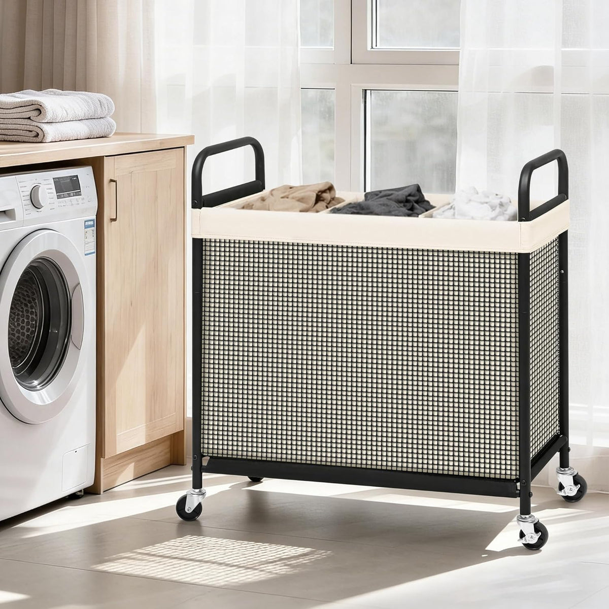STORAGE MANIAC Rolling Laundry Hamper with Wheels 3-Section Laundry Sorter Rolling Laundrys Basket on Wheels with Removable Bag Clothes Hamper Laundrys Organizer Cart Bathroom Bedroom 120L Beige