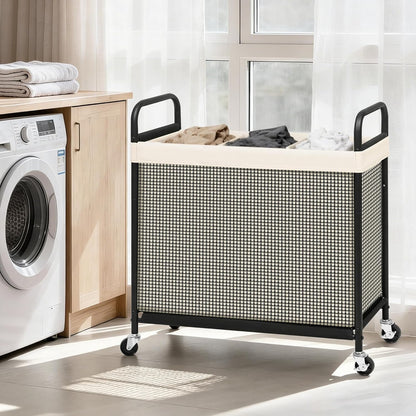 STORAGE MANIAC Rolling Laundry Hamper with Wheels 3-Section Laundry Sorter Rolling Laundrys Basket on Wheels with Removable Bag Clothes Hamper Laundrys Organizer Cart Bathroom Bedroom 120L Beige