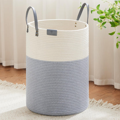 VIPOSCO 100L Tall Woven Rope Laundry Hamper, Leather Handles, White & Brown