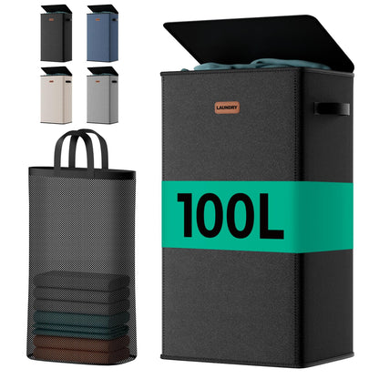 100L Large Capacity Laundry Hamper, Collapsible Laundry Basket Space-Saving, Clothes Hamper with Lid and Removable Bag for Bathroom Bedroom Laundry Room Dorm