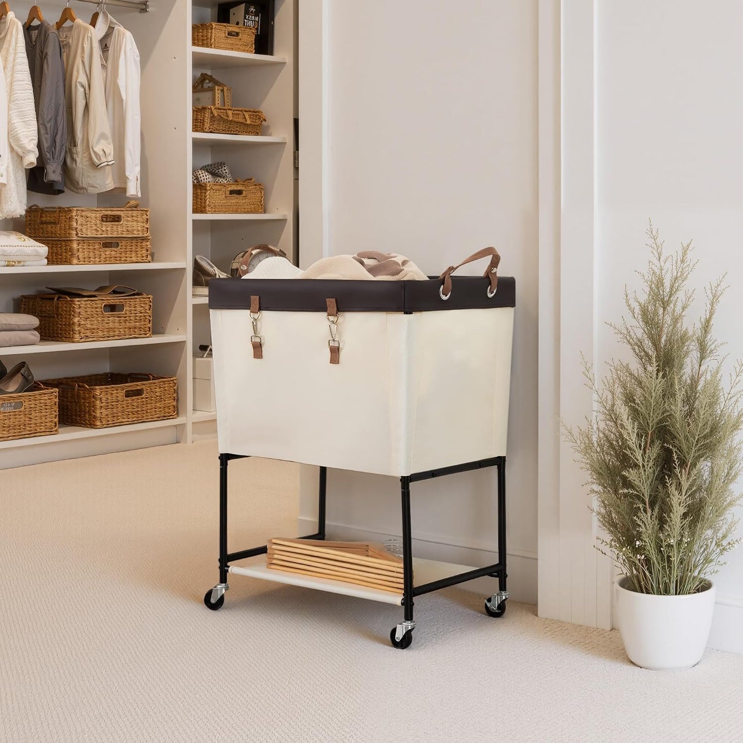 StorageWorks Laundry Cart, 2 Tier Rolling Basket with Wheels, 29 Gal, Beige