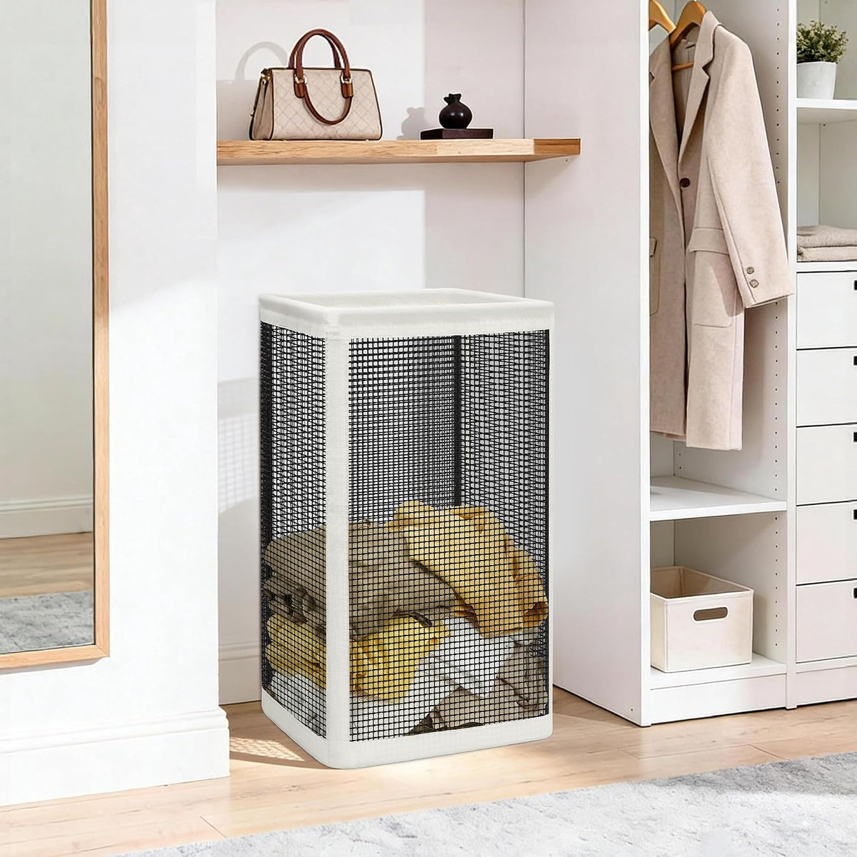 STORAGE MANIAC Mesh Laundry Hamper, 23.7 Gal. Tall Laundry Basket for Airflow, Strong Metal Dirty Clothes Hamper for College Dorm, Bedroom, Bathroom, Clothes Bin, White & Black