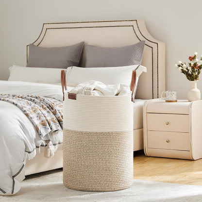 VIPOSCO 100L Tall Woven Rope Laundry Hamper, Leather Handles, White & Brown