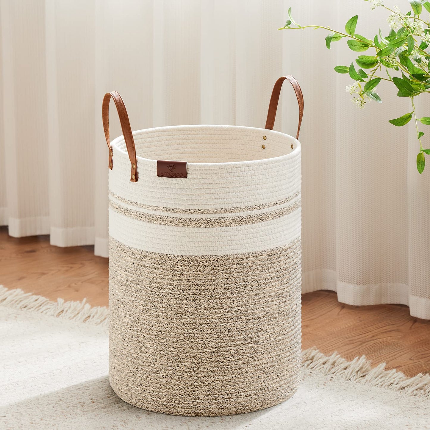 VIPOSCO 100L Tall Woven Rope Laundry Hamper, Leather Handles, White & Brown