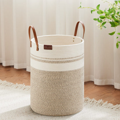 VIPOSCO 100L Tall Woven Rope Laundry Hamper, Leather Handles, White & Brown