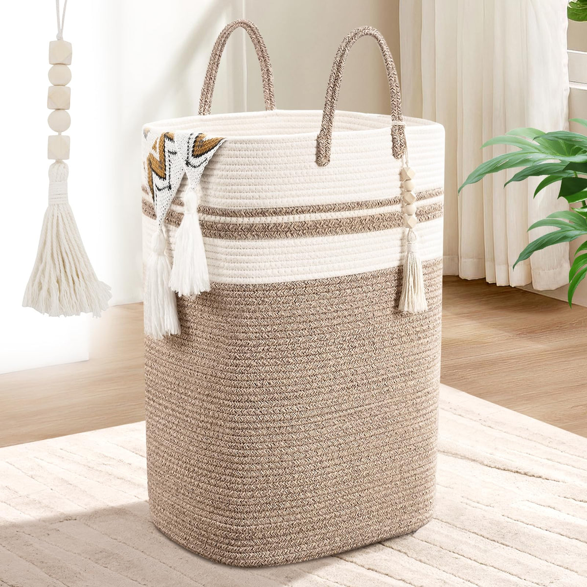 65L Woven Laundry Basket for Clothes, Large Rectangle Laundry Hampers with Beads Tassel, Nursery Storage Basket for Toys, Tall Dirty Clothes Hamper for Bedroom Aesthetic, Laundry Room Organization
