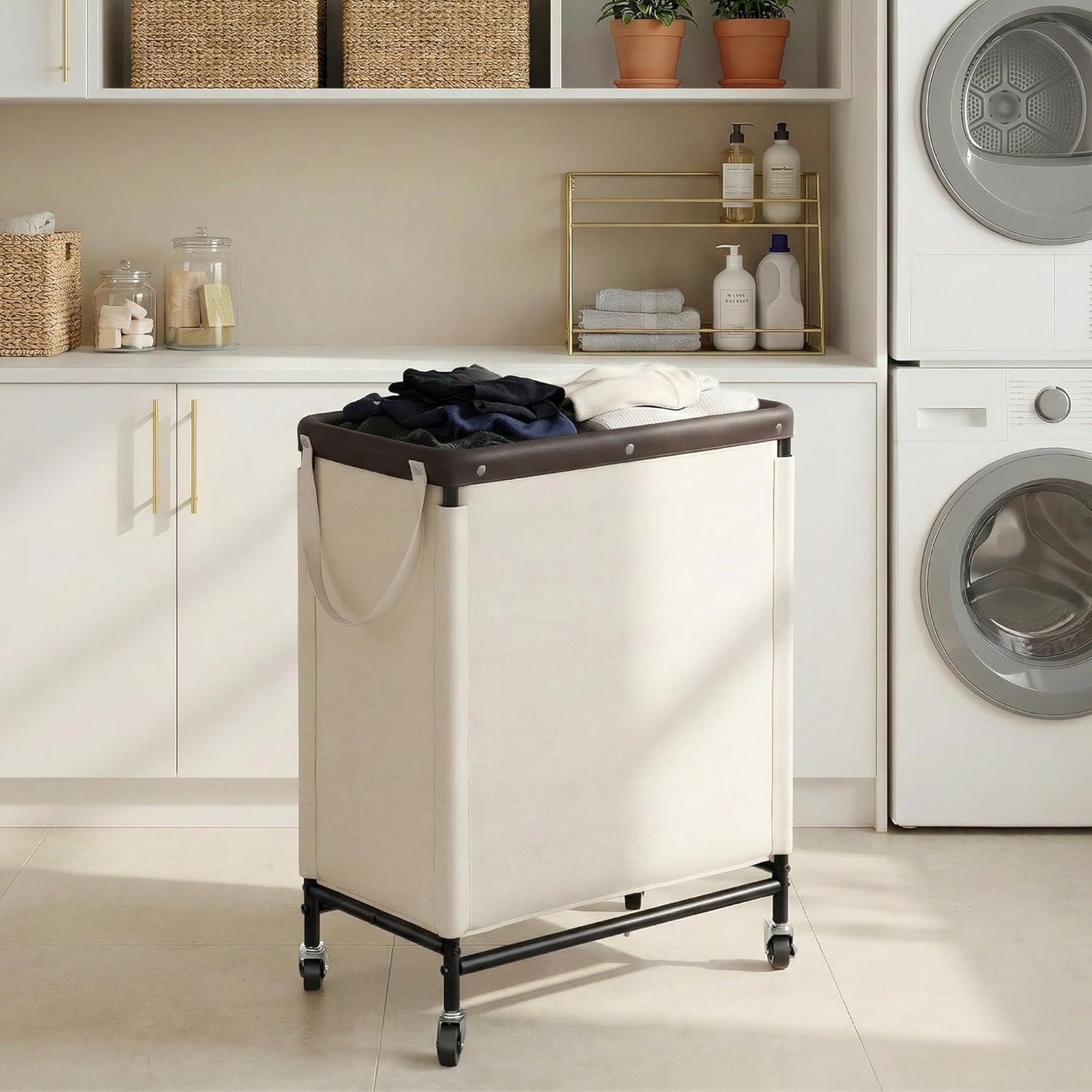 StorageWorks 2 Section Laundry Hamper, 100L Beige Sorter Cart with Wheels