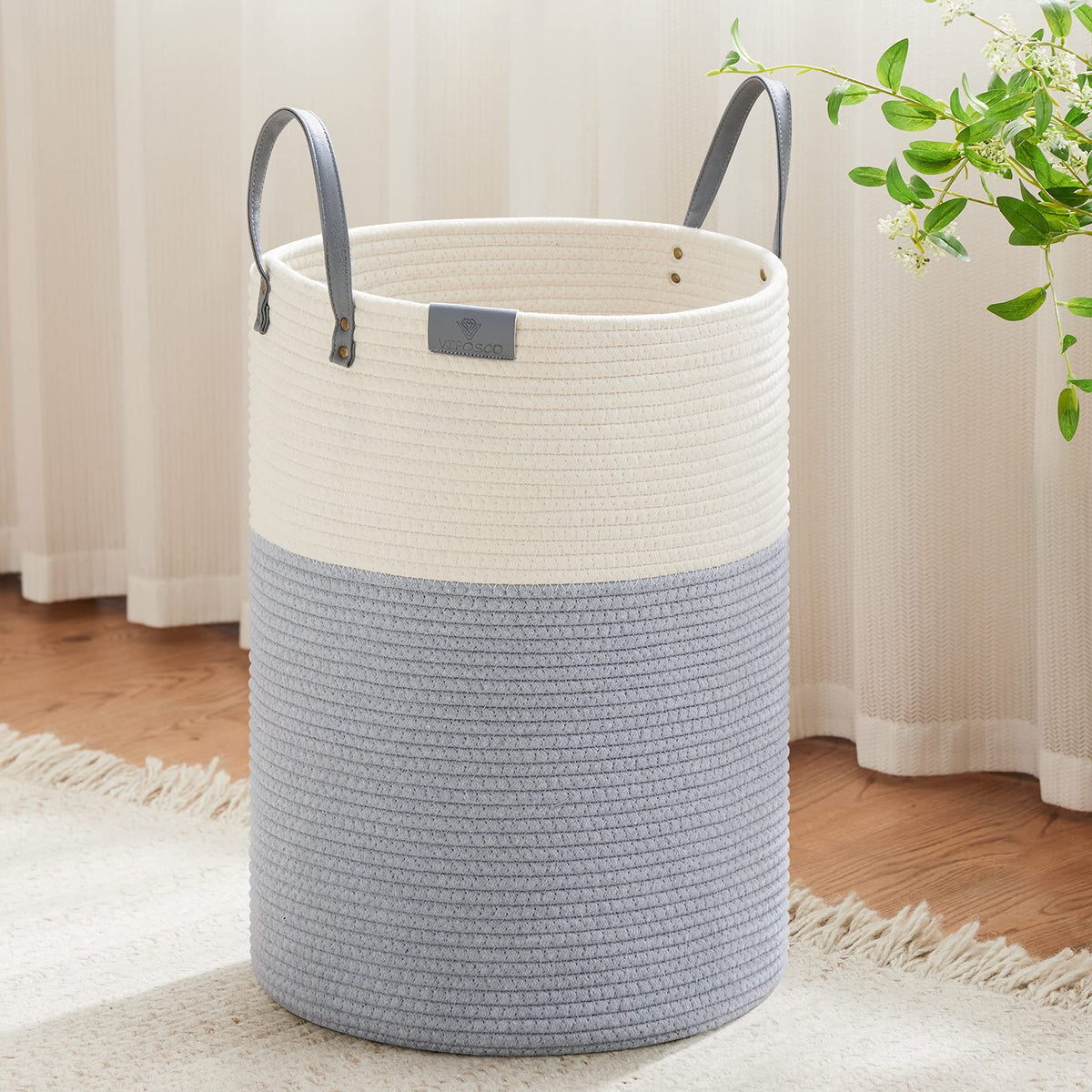 VIPOSCO 100L Tall Woven Rope Laundry Hamper, Leather Handles, White & Brown