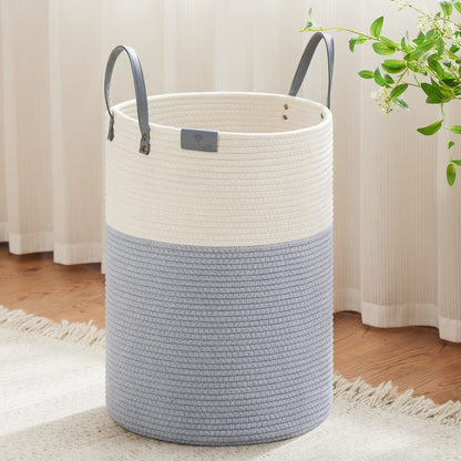 VIPOSCO 100L Tall Woven Rope Laundry Hamper, Leather Handles, White & Brown
