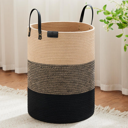 VIPOSCO 100L Tall Woven Rope Laundry Hamper, Leather Handles, White & Brown