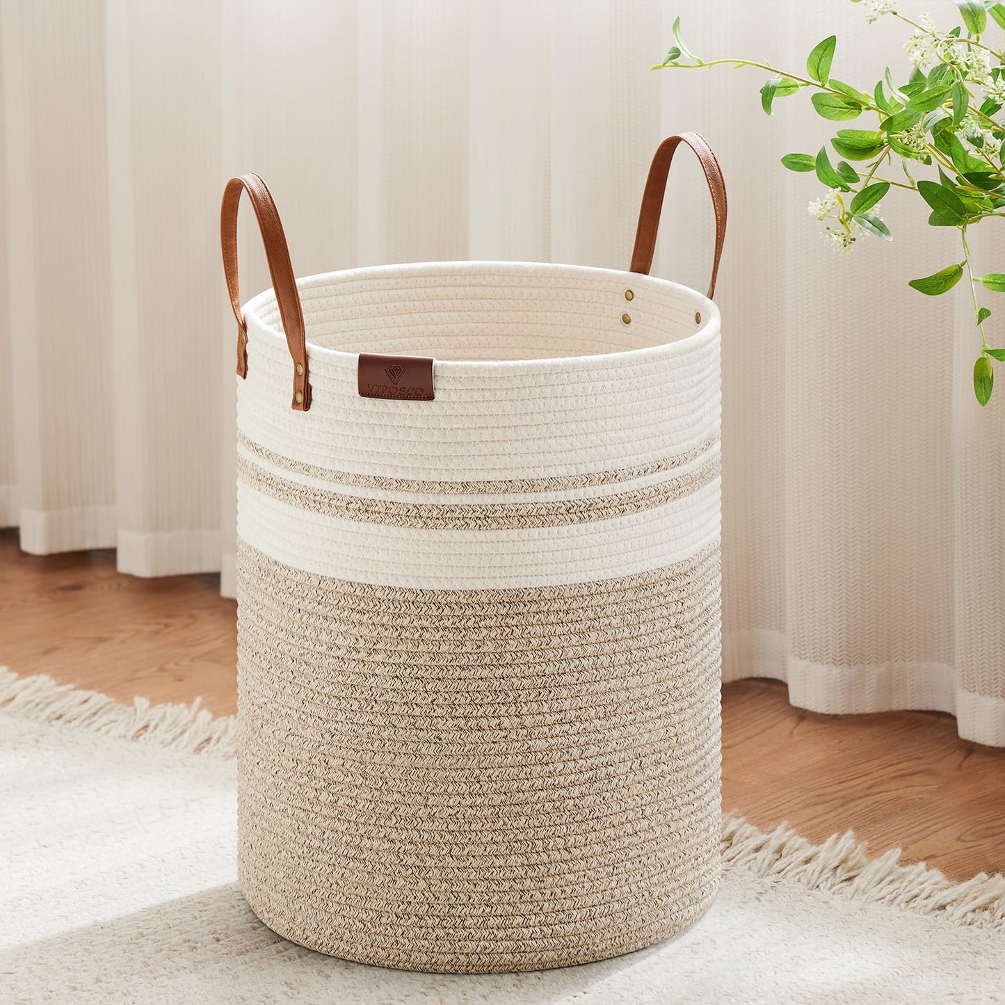 VIPOSCO 100L Tall Woven Rope Laundry Hamper, Leather Handles, White & Brown