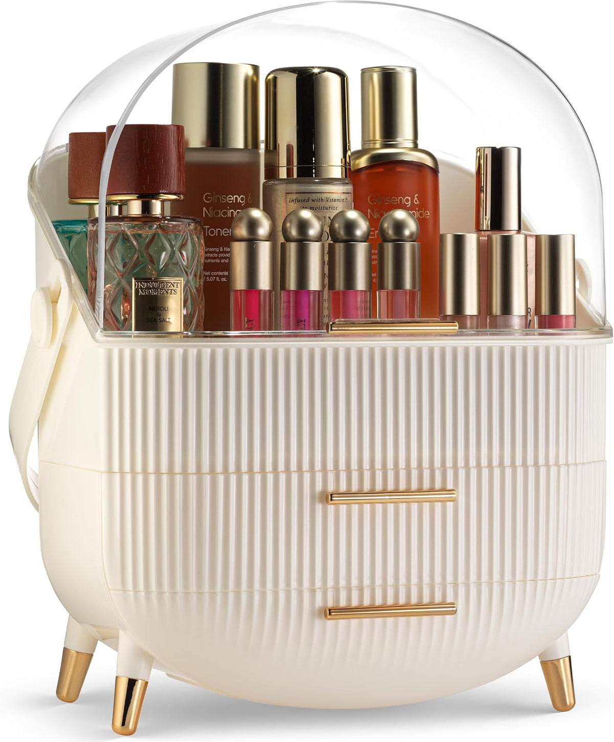 Covered Makeup Cosmetic Countertop - Large Cosmetic Organizer - Trendy Oval Shape Storage for Skin Care Organizer - Clear Lid, Storage Drawers, Carry Handle - Cute Stylish Decor Solution (White)