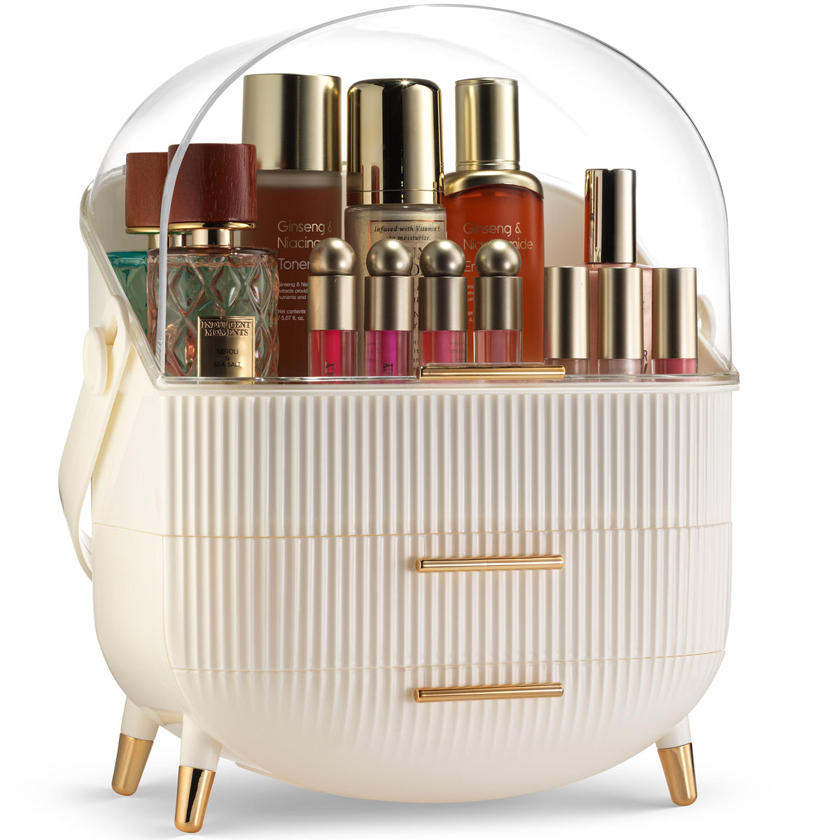 Covered Makeup Cosmetic Countertop - Large Cosmetic Organizer - Trendy Oval Shape Storage for Skin Care Organizer - Clear Lid, Storage Drawers, Carry Handle - Cute Stylish Decor Solution (White)