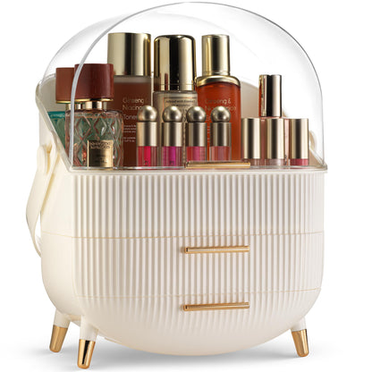 Covered Makeup Cosmetic Countertop - Large Cosmetic Organizer - Trendy Oval Shape Storage for Skin Care Organizer - Clear Lid, Storage Drawers, Carry Handle - Cute Stylish Decor Solution (White)