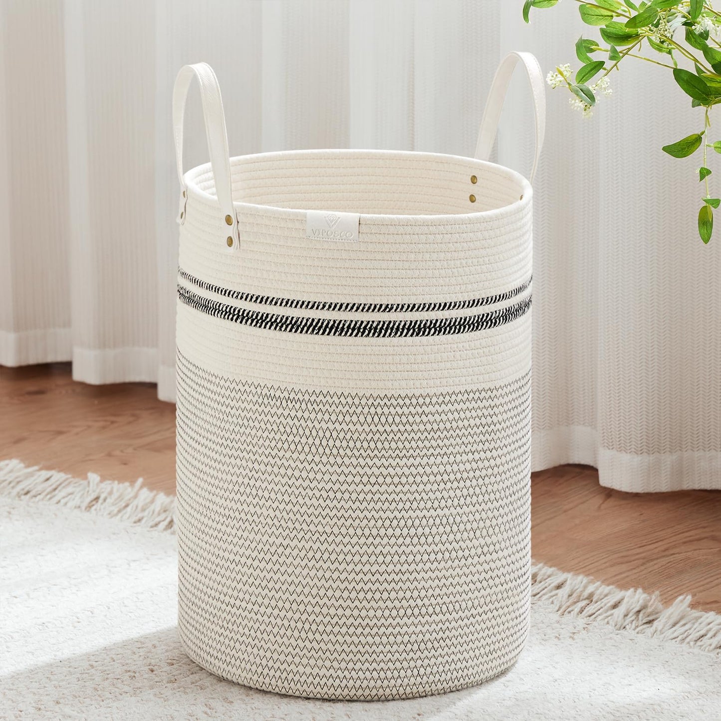 VIPOSCO 100L Tall Woven Rope Laundry Hamper, Leather Handles, White & Brown