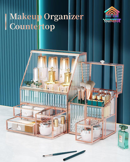 Youdepot Glass Makeup Organizer, 3-in-1 Cosmetic Organizer