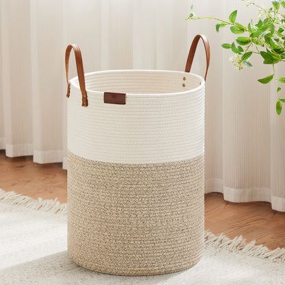 VIPOSCO 100L Tall Woven Rope Laundry Hamper, Leather Handles, White & Brown