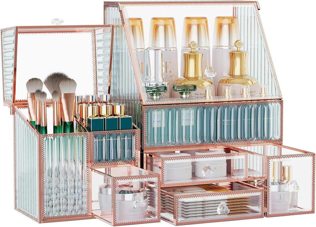 Youdepot Glass Makeup Organizer, 3-in-1 Cosmetic Organizer
