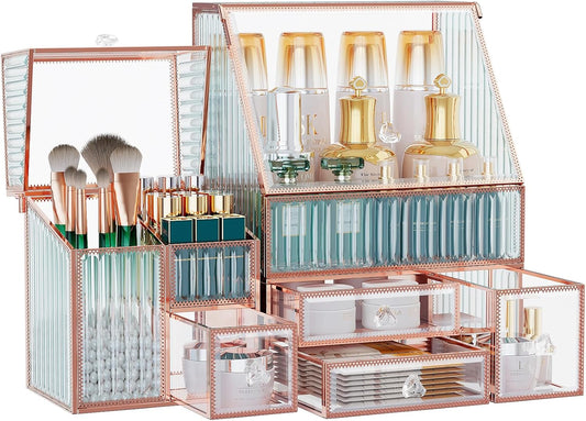 Youdepot Glass Makeup Organizer, 3-in-1 Cosmetic Organizer