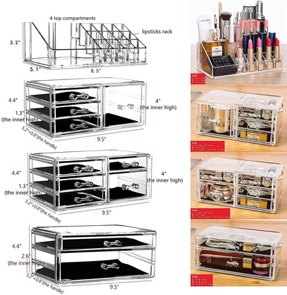 Cq acrylic Makeup Organizer Skin Care Large Clear Cosmetic Display Cases Stackable Storage Box With 11 Drawers For Vanity,Set of 4