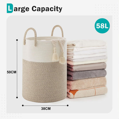YOUDENOVA Cotton Laundry Hamper, 58L Tall Storage Basket-Brown