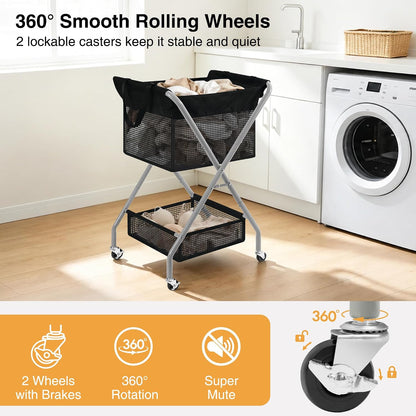 STO STO 2-Tier Foldable Laundry Cart with Wheels, 75L Tall Rolling Laundry Hamper, Collapsible Laundry Basket with Removable Bag, Rust-Resistant Steel Frame for Laundry Room, Bathroom, Dorm, Black