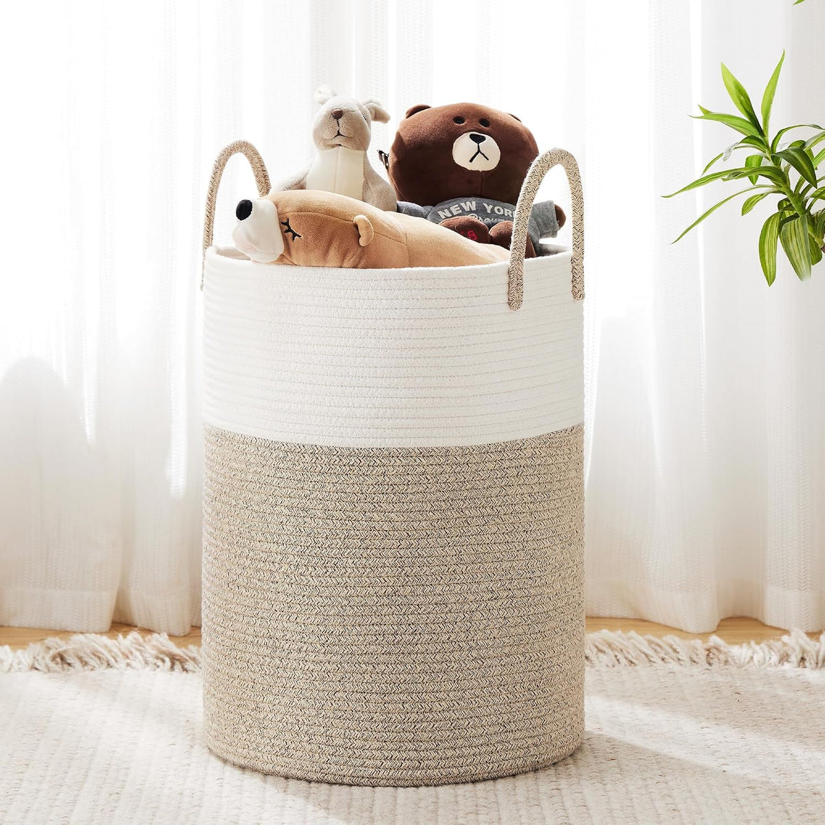 YOUDENOVA Cotton Laundry Hamper, 58L Tall Storage Basket-Brown