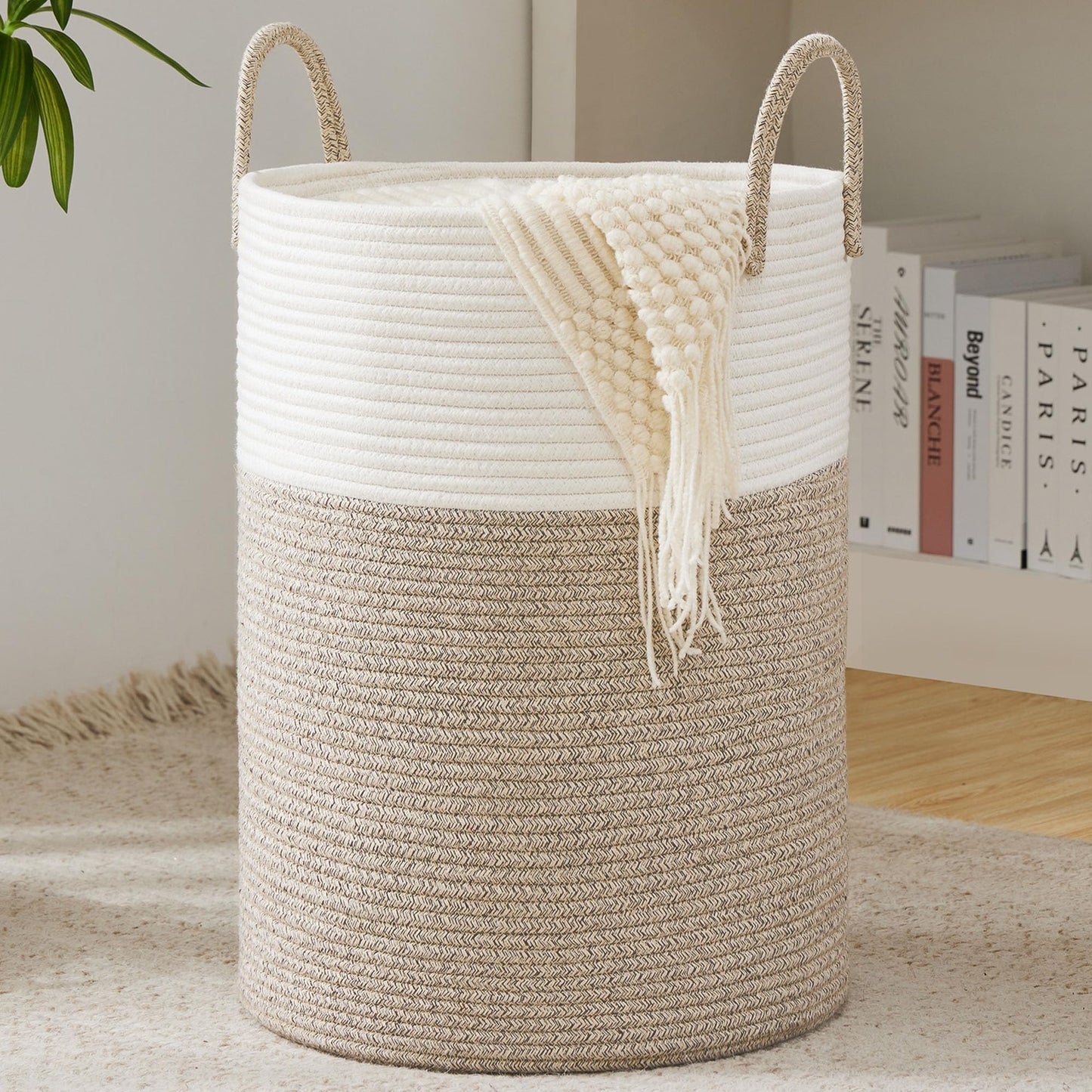 YOUDENOVA Cotton Laundry Hamper, 58L Tall Storage Basket-Brown